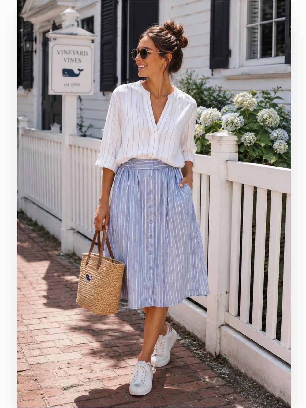 Who What Wear Blue and White Striped Button-Front A-Line Skirt